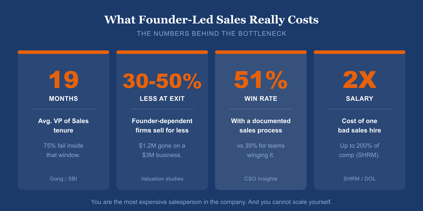 Infographic: What founder-led sales really costs — 19 months average VP of Sales tenure, 30–50% less at exit for founder-dependent firms, 51% win rate with a documented process versus 39% without, and up to 2x salary per bad sales hire.