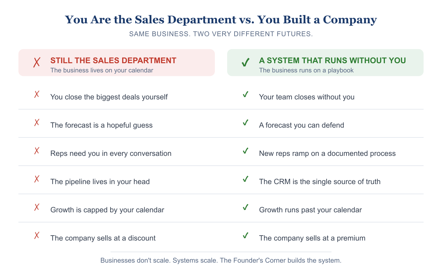 Comparison infographic: You are the sales department (red X's — you close the biggest deals, the forecast is a guess, reps need you in every call, pipeline lives in your head, growth capped by your calendar, company sells at a discount) versus a system that runs without you (green checks — your team closes, a forecast you can defend, reps ramp on a documented process, CRM is the source of truth, growth runs past your calendar, company sells at a premium).