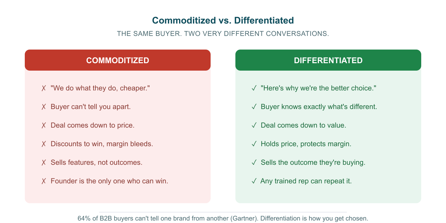A comparison of a commoditized sales conversation, which competes on price and bleeds margin, versus a differentiated one, which competes on value, holds price, and can be repeated by any trained rep.