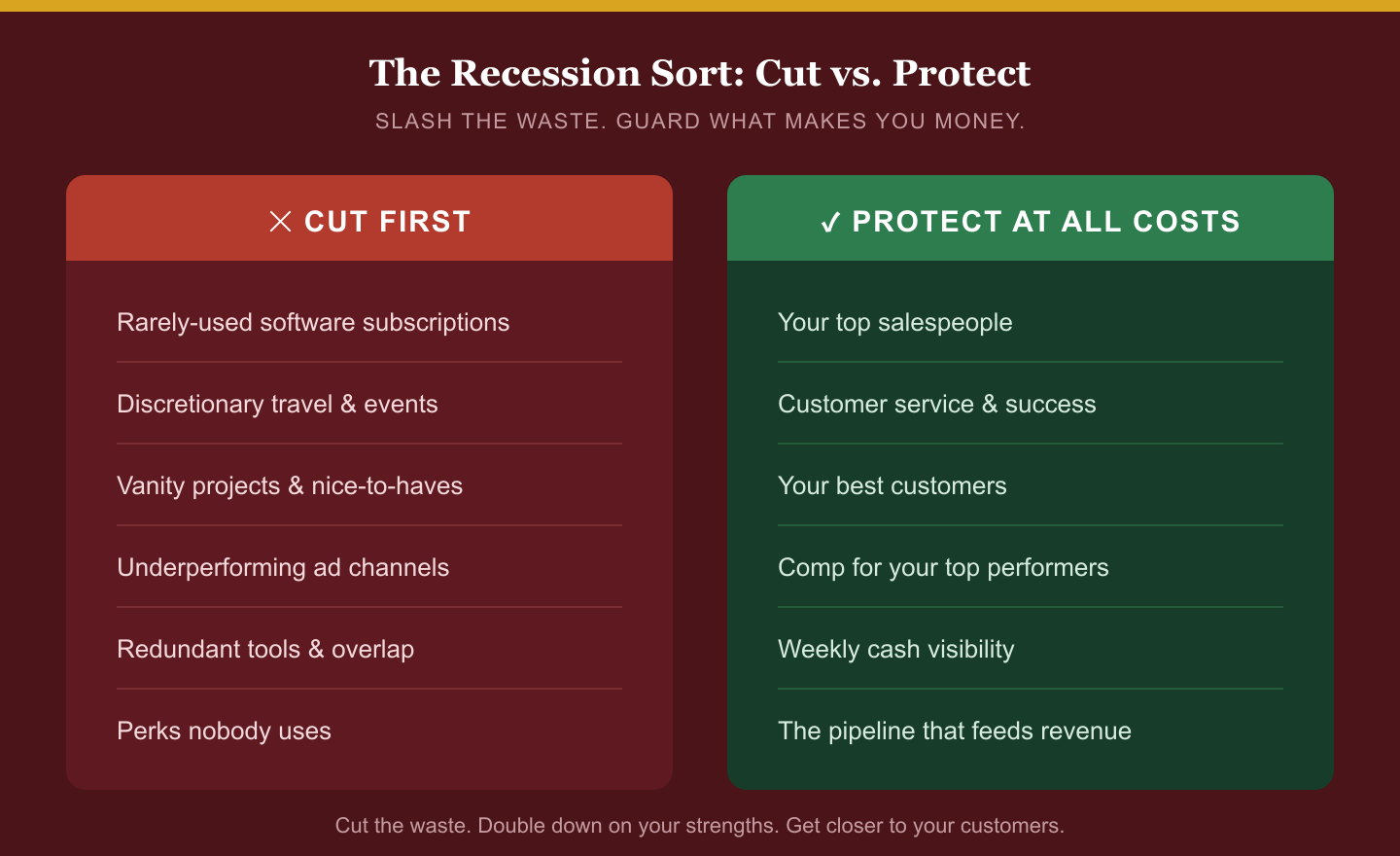 Two-column infographic. Cut first (red): rarely-used software subscriptions, discretionary travel and events, vanity projects, underperforming ad channels, redundant tools, unused perks. Protect at all costs (green): top salespeople, customer service and success, best customers, comp for top performers, weekly cash visibility, the pipeline that feeds revenue.