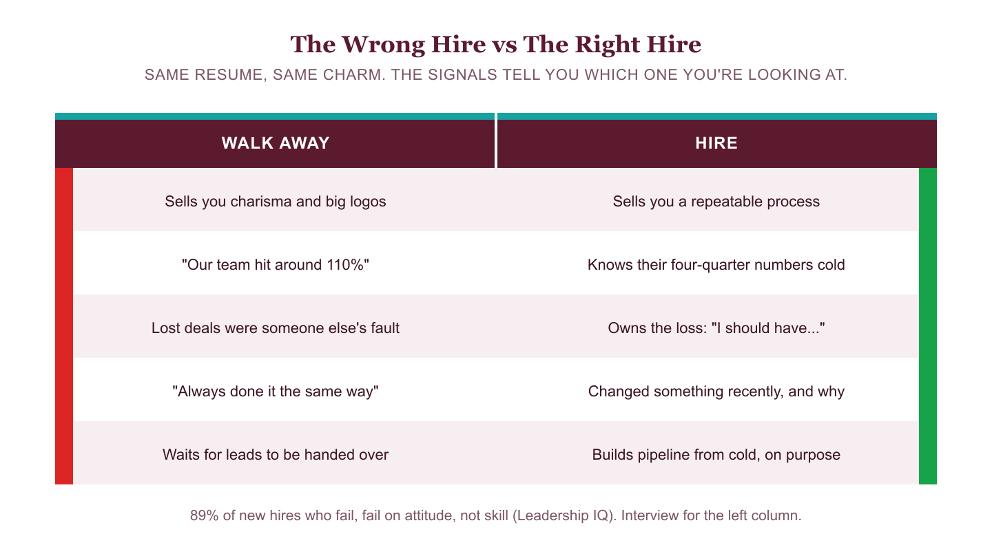 A two-column comparison of the wrong hire versus the right hire: charisma versus repeatable process, vague team numbers versus known four-quarter numbers, blame versus ownership of losses, no change versus recent coachable change, and waiting for leads versus building pipeline from cold.
