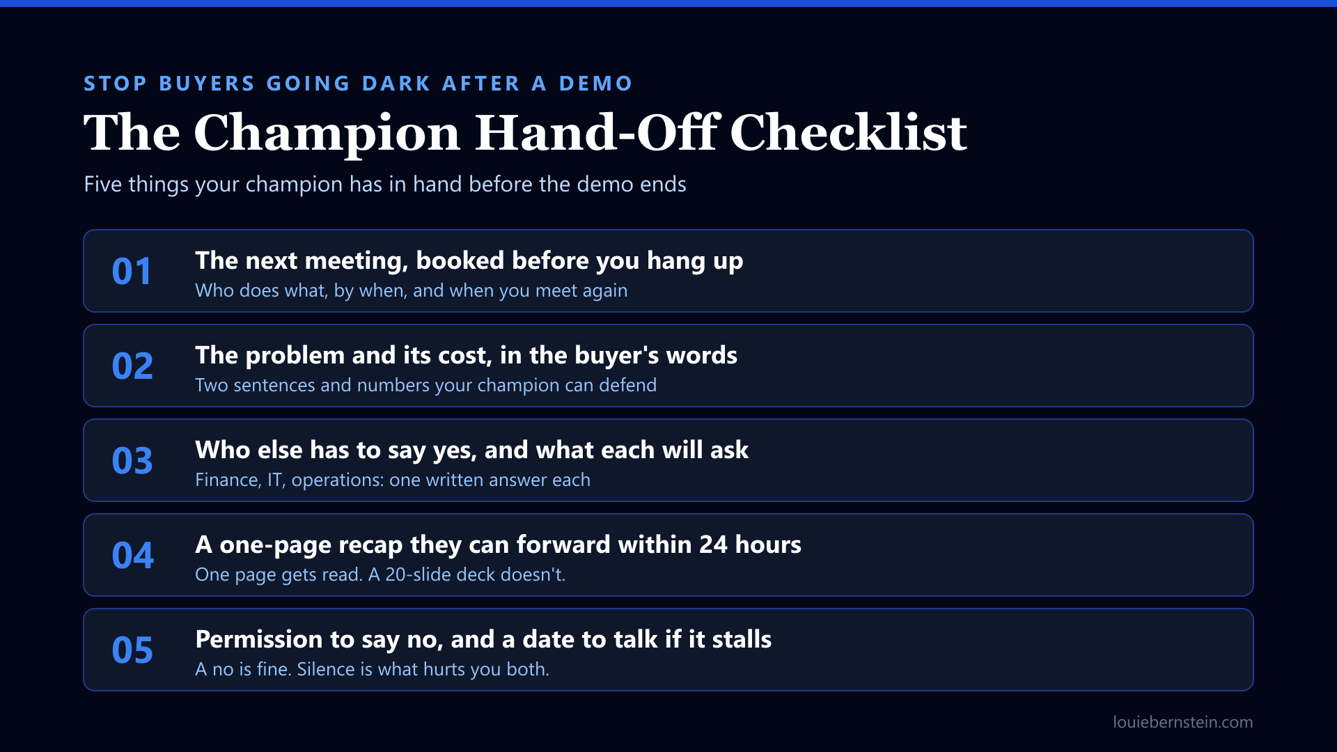 The Champion Hand-Off Checklist: five items to give your champion so buyers don't go dark after a demo